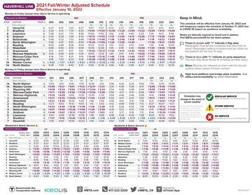 MBTA Haverhill Line Commuter Rail stations and schedules, including timetables, maps, fares, real-time updates, parking and accessibility information, ... Upcoming Haverhill line schedule PDF — effective Nov 6. Call Us. Information & Support Monday thru Friday: 6:30 AM - 8 PM Saturday thru Sunday: 8 AM - 4 PM. Main: 617-222-3200.. 