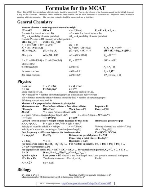 Mcat Equation Sheet