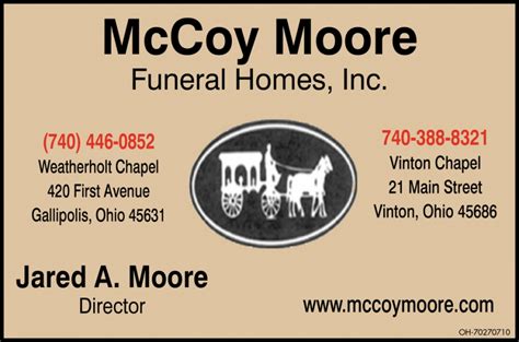 Mccoy moore funeral home ohio. McCoy-Moore Funeral Homes, Gallipolis, Ohio. 1,716 likes · 10 talking about this · 65 were here. Family owned and operated funeral service for over 100 years. McCoy-Moore Funeral Homes | Gallipolis OH 