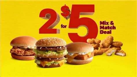 Mcdonalds 2 for 5. McDonald's Advertiser Profiles Facebook, Twitter, YouTube, Pinterest Products McDonald's Egg McMuffin, McDonald's Sausage McMuffin With Egg Promotions 2 for $5 Mix 'N Match Songs None have been identified for this spot Mood Active Actors - Add None have been identified for this spot. Agency Wieden+Kennedy ... Creative … 