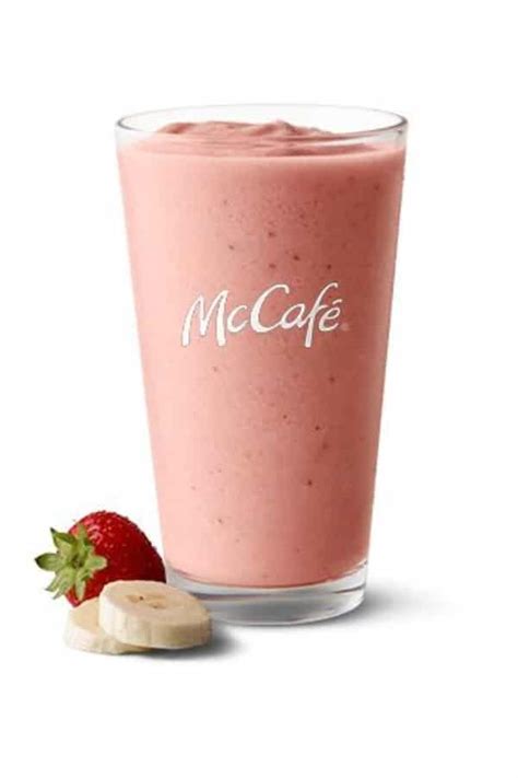 Mcdonalds banana and strawberry smoothie. 250 Cals Calories. 1g Fat (1 % DV) 57g Carbohydrates. 3g Protein. 45mg Sodium (2 % DV) Serving Size: 427g. 427gram. Calories: 250 Cals. 250calories. 