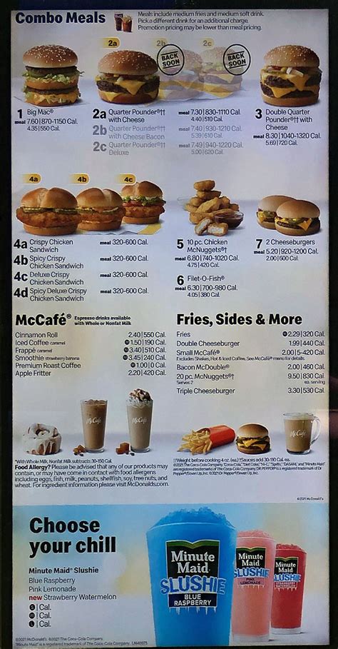 Blueberry Muffin. Carrot Muffin. Cranberry Orange Muffin. Banana Chocolate Chunk Muffin. Baked Apple Pie. Check out the full McDonald’s menu. Featuring McDonald’s lunch menu items, breakfast, burgers, and more! Enjoy popular items like a Big Mac® or get a sweet treat like the Smarties McFlurry®.