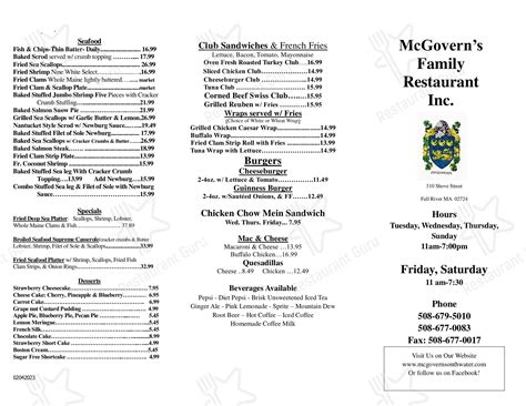 The actual menu of the White's of Westport restaurant. Prices and visitors' opinions on dishes. Log In. English . Español . Русский ... McGovern's Family Restaurant menu #69 of 321 restaurants in Fall River. View menus for Westport restaurants. New American. 3 restaurants.. 