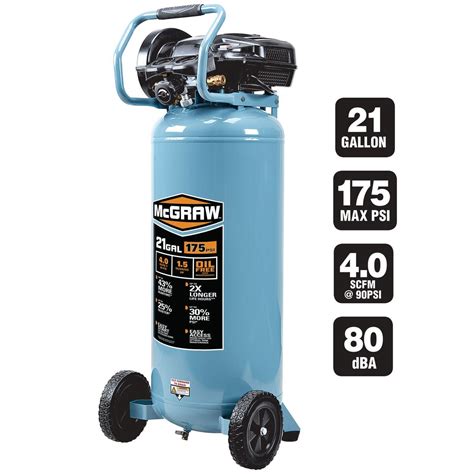 Mcgraw 20 gallon air compressor review. Terms of this Mcgraw 20-gallon is an oil-lubricated air compressor that can deliver up to 4-SCFM (standard cubic feet per minute) at 90 PSI. And the maximum tank pressure is 135 PSI. In our testing, the compressor took around 4 minutes and 48 seconds to fill the 20-gallon tank from ZERO to a maximum of 135PSI. 