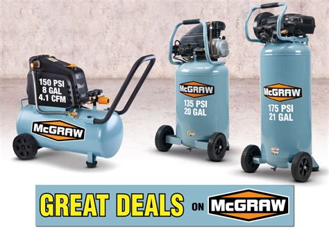 This maintenance-free and portable oil-free air compressor is ideal for brad nailing, stapling, and other small jobs. The compressor includes a quick connect coupler and easy-to-read gauges. ... MCGRAW Flow rate 4.1 SCFM @ 90 PSI Volume 8 gallon AC Volts 120 Amperage 12 Certification CSA, ETL Horsepower 1.5 Maximum pressure (PSI) 150 PSI Speed ...