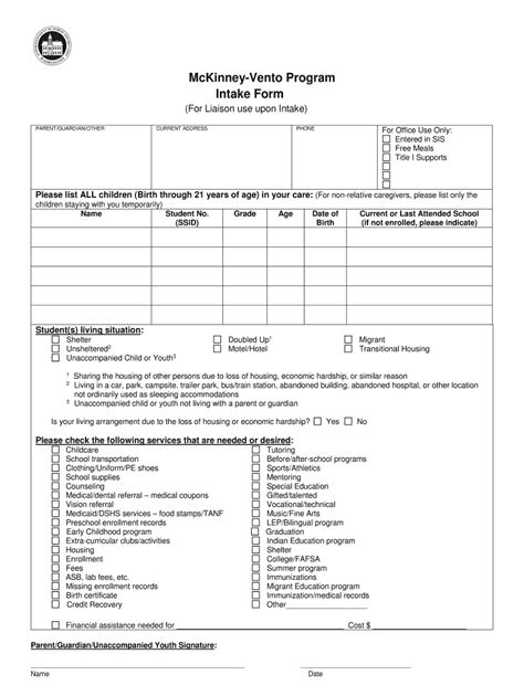 Mckinney Vento Intake Sample Form - signNow