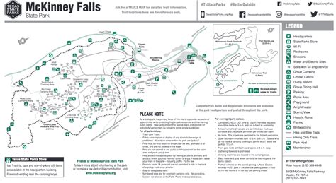 Mckinney falls state park map. The park is located 13 miles southeast of the state capitol in Austin off of U.S. Highway 183. Take McKinney Falls Parkway from U.S. 183 South straight to the park entrance. Copy Directions 