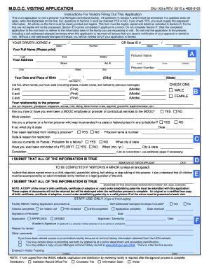Mdoc visiting application. This form is for visitors who want to visit a prisoner in a Michigan correctional facility. It contains instructions, questions, and documents to fill out and submit if you are a minor … 