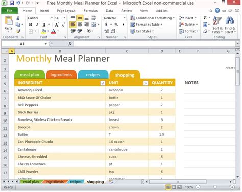 Meal Planning Spreadsheet Template