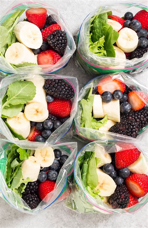 Meal prep smoothies. Instructions. Add the spinach and kale to a blender with the Almond Breeze and blend well. Add the frozen fruit, ginger and lemon and blend until smooth. If the smoothie is too thick, add more almond milk 1 tablespoon at a time. 