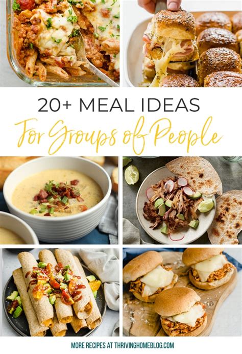 Meal suggestions for large groups. Mashed Potatoes For A Crowd. Great for large group meals during the holidays. The recipe makes small servings so feel free to increase the amount if you'd like more hearty portions. Method: stovetop, oven. Time: 2-5 hours. 