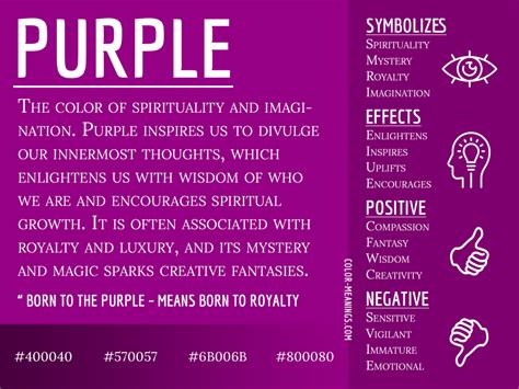 Meaning of the purple color. Jan 8, 2024 · The Symbolic Meaning of Purple. The color purple holds profound symbolic meanings in a spiritual context. Its deep, rich hue is often associated with wisdom, peace, and mystery. The interpretations of this color can offer insights into one’s spiritual journey, providing a deeper understanding of one’s experiences and perceptions. 