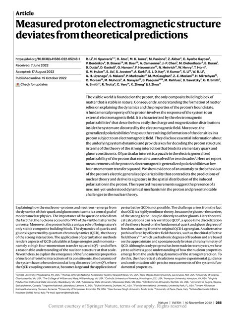 Measured proton electromagnetic structure deviates from theoretical predictions Nature