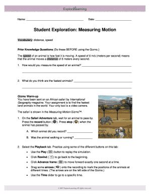  Measuring Motion. Go to Lesson Info ... Exploration Sheet Answer Key. Subscribers Only. Teacher Guide. ... Access to ALL Gizmo lesson materials, including answer keys. . 