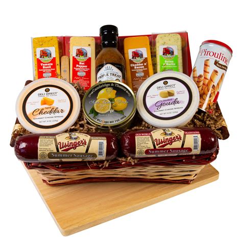 Meat gifts. A charcuterie gift basket is the perfect way to celebrate any special day with a delicious selection of cured meat, cheese, wine, and other tasty treats. Whether you're looking for a housewarming gift, corporate gift, Mother's Day, or Father's Day gift idea, a gourmet meat and cheese gift basket is perfect. 