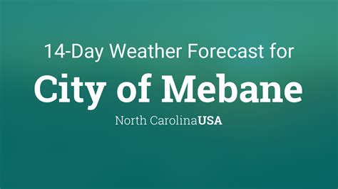 Mebane. Mebane Weather Forecast. Providing a local hourly Mebane weather forecast of rain, sun, wind, humidity and temperature. The Long-range 12 day forecast also includes detail for Mebane weather today. Live weather reports from Mebane weather stations and weather warnings that include risk of thunder, high UV index and forecast gales.. 