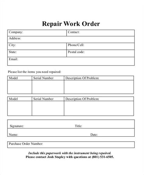 Mechanic Work Order Template Database