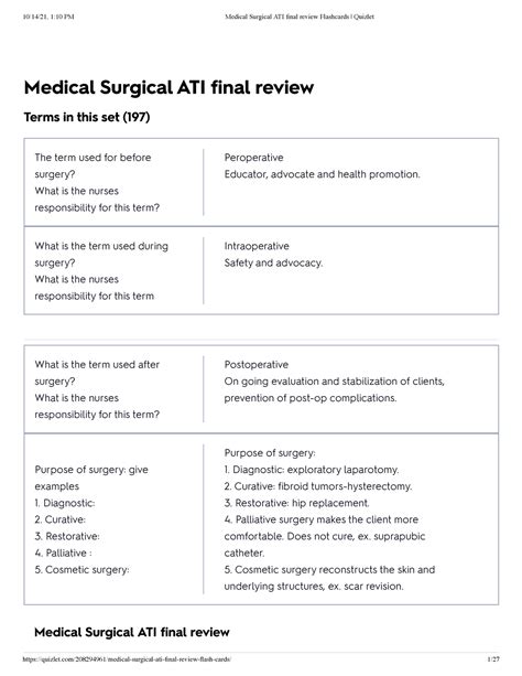 Med surg ati quizlet. Study with Quizlet and memorize flashcards containing terms like A patient is seen at the clinic for a routine physical examination. After the patient is assessed for evidence of peripheral vascular disease, the nurse explains that which of the following tests is typically used to assist in the diagnosis? 1. Allen's Test 2. Ankle brachial pressure index. 3. Cardiac Stress Test. 4 ... 