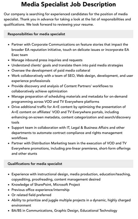 Media Specialist Job Description Velvet Jobs