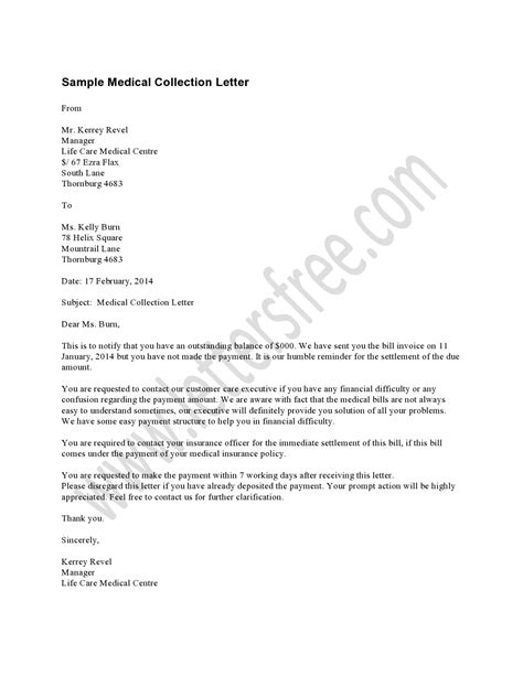 Medical Collection Letter Example should be used as a first reminder