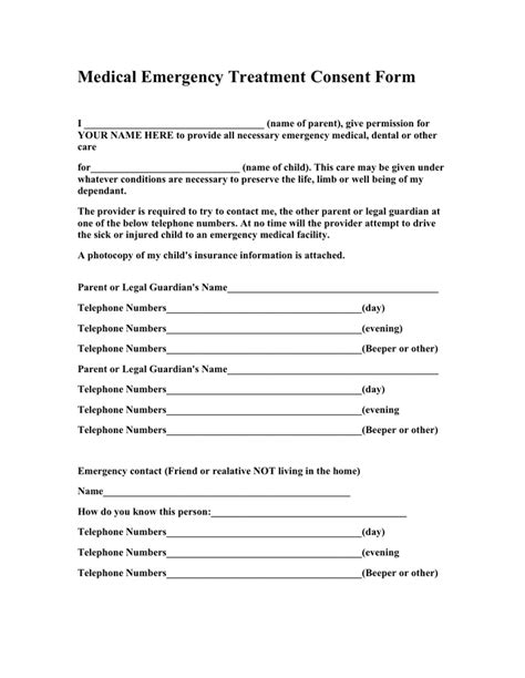 Medical Emergency Treatment Authorization Form in Word and Pdf formats