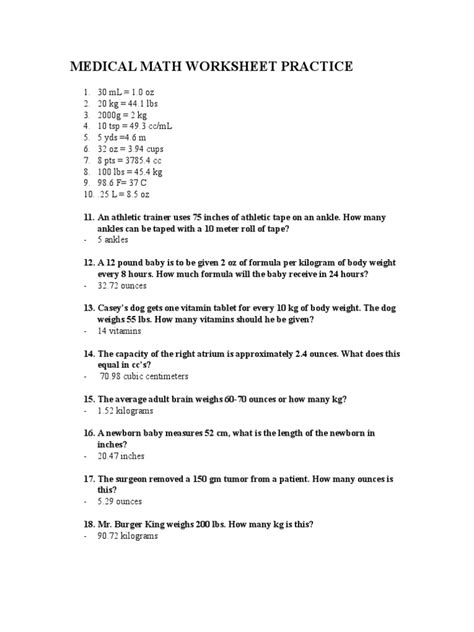 Medical Math Worksheets