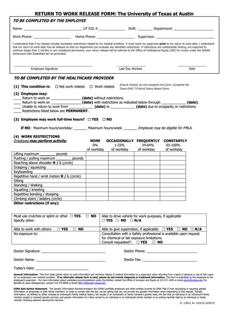 Medical Release To Return To Work Form Fill Out and Sign Printable