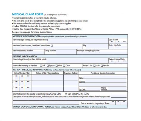 Medical claim form sample in Word and Pdf formats