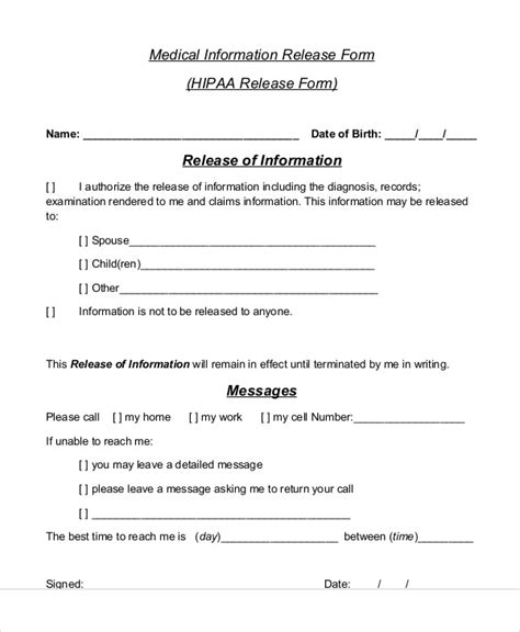 Medical information release form sample in Word and Pdf formats