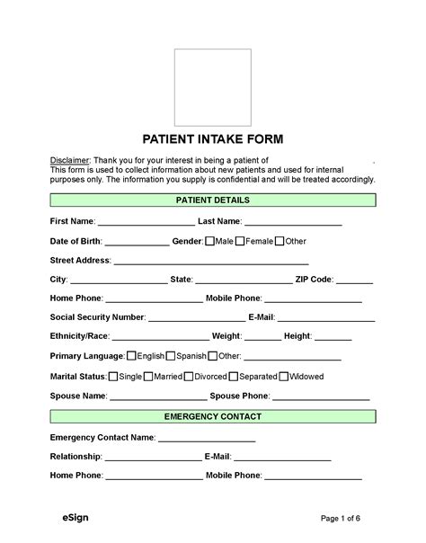 Medical intake form in Word and Pdf formats