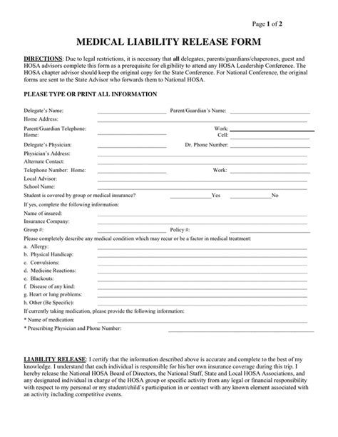 Medical liability release form in Word and Pdf formats