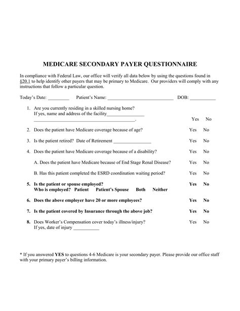 Medicare Secondary Payer Questionnaire Template Download Printable PDF