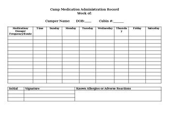 Medication Administration Record Forms For Camp