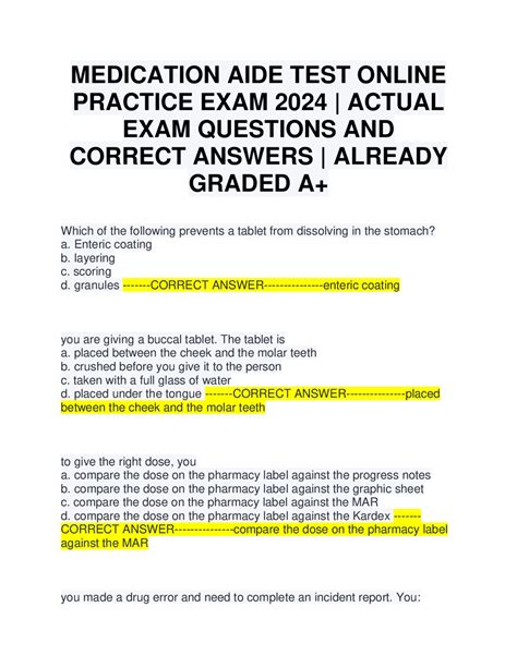 Medication Aide Practice Test Latest 2024 Updated Questions and Answers