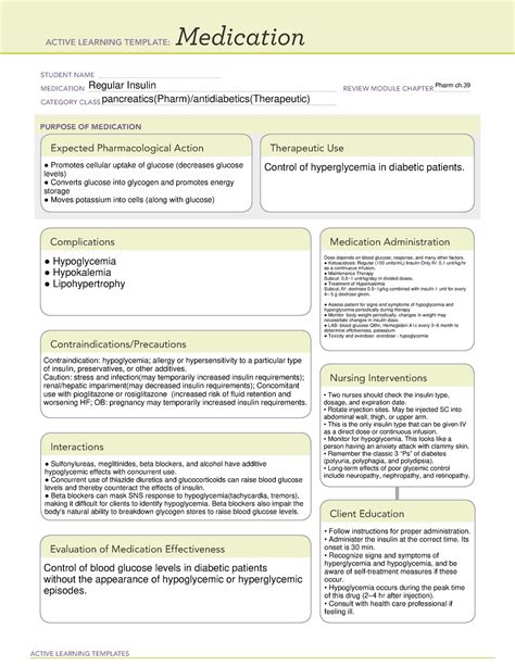 Medication Template Regular Insulin NR 324 ADULT HEALTH StuDocu