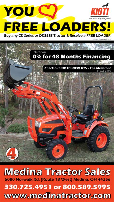 Medina tractor. Only at Medina Tractor Sales Great Clearance deals on ALL IN STOCK Mahindra Tractors!! Free Loaders, Cash Back, Great Deals!! Call, email, or stop in for details, while supplies last 800-589-5995 or sales@medinatractor.com www.medinatractor.com. Posted by Medina Tractor Sales at 