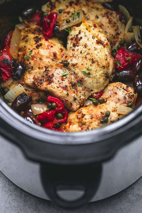 Mediterranean slow cooker recipes. Add the chicken thighs skin side up in the slow cooker. Add the remaining roasted red peppers, olives and artichoke hearts around the chicken pieces. Pour the sauce over the chicken pieces and around the … 