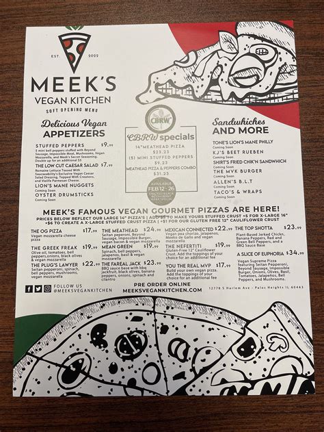 View Meek's Vegan Pizza's April 2024 deals and menus. Support your local restaurants with Grubhub! ... Meek's Vegan Pizza Menu Info. Healthy, Pizza, Vegan, Vegetarian $$$$$ $$$ This is a Virtual Restaurant. 33 Waugh Dr Houston, TX 77007 (832) 630-8373. Hours. Today. Pickup: 11:00am–11:15pm.. 