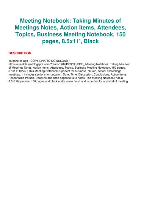 Download Meeting Notebook Taking Minutes Of Meetings Notes Action Items Attendees Topics Business Meeting Notebook 150 Pages 85X11 Black By Not A Book
