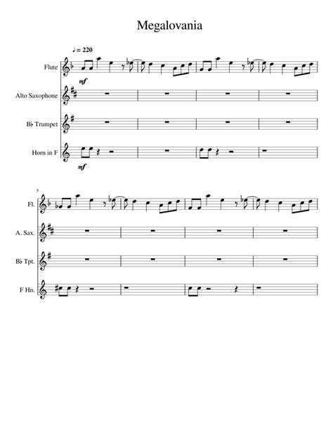 Megalovania sheet music for Flute, Alto Saxophone, Trumpet, French Horn