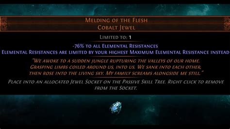 Now when you equip a Melding of the Flesh you get thoose things: -(80-80)% to all Elemental Resistances, this affects your uncapped resistances and you need more resistances to fix that. -(6-4)% to all maximum Elemental Resistances, this affects your capped resistances and you need more maximum resistances to fix that. 