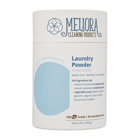 Meliora laundry powder. Add Laundry Powder directly to washer with clothes. For HE Washers, use 1/2 scoop (1/2 tablespoon) For Standard Washers, use 1 scoop (1 tablespoon) Our Laundry Powder comes in a variety of sizes, each available in all scents: 128 HE (64 Standard) Loads: Our best seller. A great value, too. The cardboard/steel canister is easy to recycle or reuse. 
