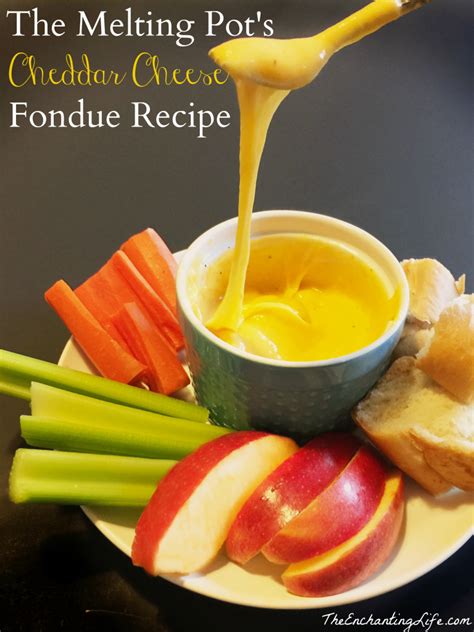 Melting pot cheese fondue recipe. Rub the garlic all over the inside of a small (1- to 2-quart) pot. Discard garlic. Add the broth and vinegar and heat over medium heat. Bring to a simmer. In a medium bowl, toss together the gruyere, fontina, swiss cheese, and cornstarch. Reduce the heat to medium-low. Whisk in 1/2 cup cheese at a time until melted. 