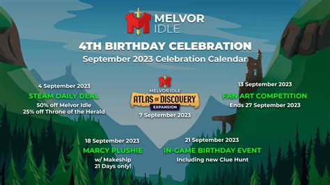 Melvor idle birthday event 2023. Upcoming Game Update. We have an upcoming game update releasing on Monday 4th September 2023 (not relating to the Birthday Calendar surprise). This update is our "pre-expansion" update which will tick the game version to v1.2 and will implement all new base game quality of life changes, balancing and bug fixes. 