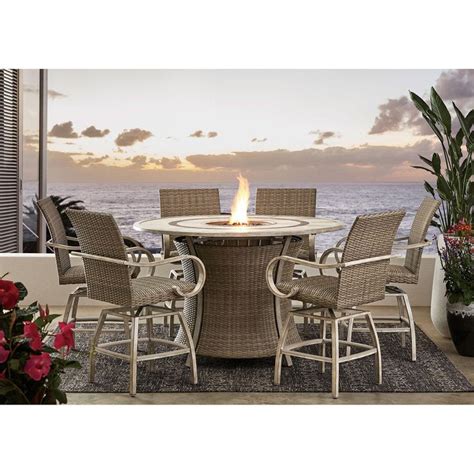 We offer several outdoor dining sets with fire pits that would make a great addition to your patio or outdoor entertaining space such as: Member's Mark Homewood 7-Piece Counter-Height Fire Pit Set. Member's Mark Rosehill 6-Piece Dining Set with Fire. Member's Mark Halstead 7-Piece Balcony Dining Set with Fire.. 