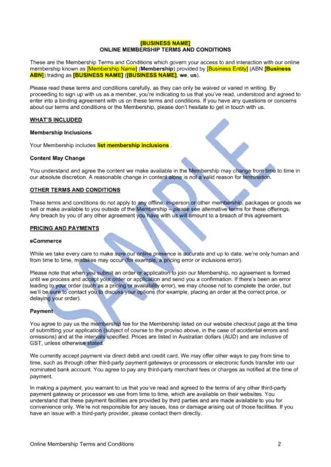 Membership Terms And Conditions Template Master of Documents