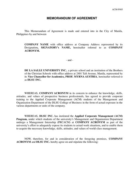 Memorandum of Agreement Law and Legal Definition. A Memorandum of Agreement ("MOA"), also known as a memorandum of understanding, is a formal business document used to outline an agreement made between two separate entities, groups or individuals. A MOA usually precedes a more detailed contract or agreement between the parties.