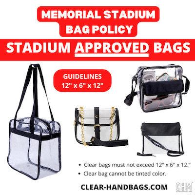 Memorial stadium bag policy. Non-clear bags that exceed 4.5” x 6.5” OR clear bags that exceed 12” x 6” x 12”. This includes items such as grocery totes, mesh or straw bags, duffle bags, diaper bags, camera/binocular cases, and any other bags that stadium event staff deem do not meet the clear bag policy. What happens if a fan shows up at the gate with a bag that ... 