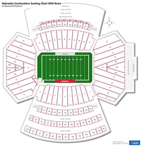 Seating chart for the Nebraska Cornhuskers and other football events. Good seats, very close to the away team bench. A bit too low to see the entire playing field but still enjoyable. They are technically the 7th row as there are rows A-D before the numerical set starts.. 