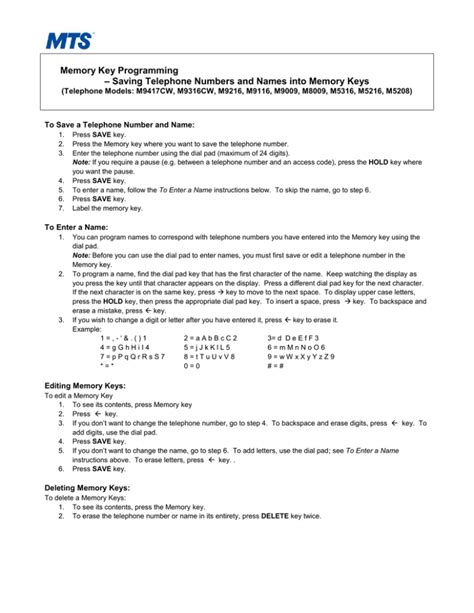 Memory Key Programming Saving Telephone Numbers and …